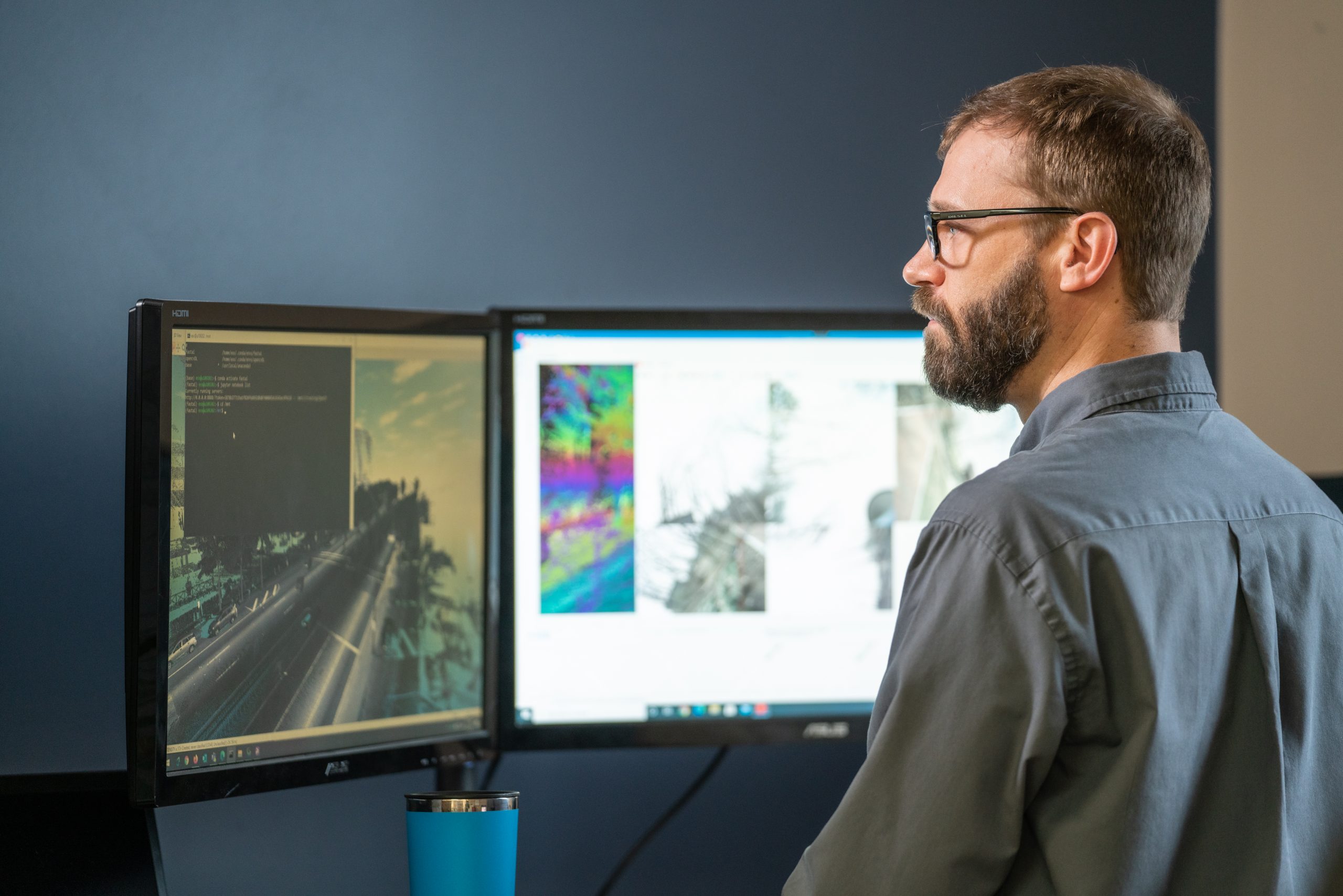 man looking at files on a computer